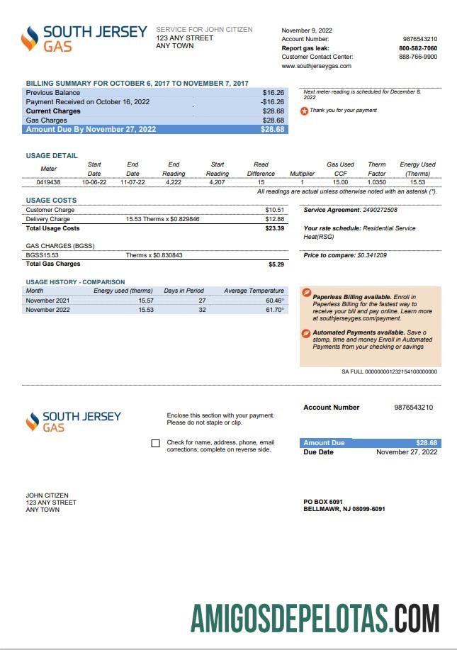 realista Modelo de conta de serviços públicos de gás dos EUA Nova Jersey South Jersey em formato Word e PDF